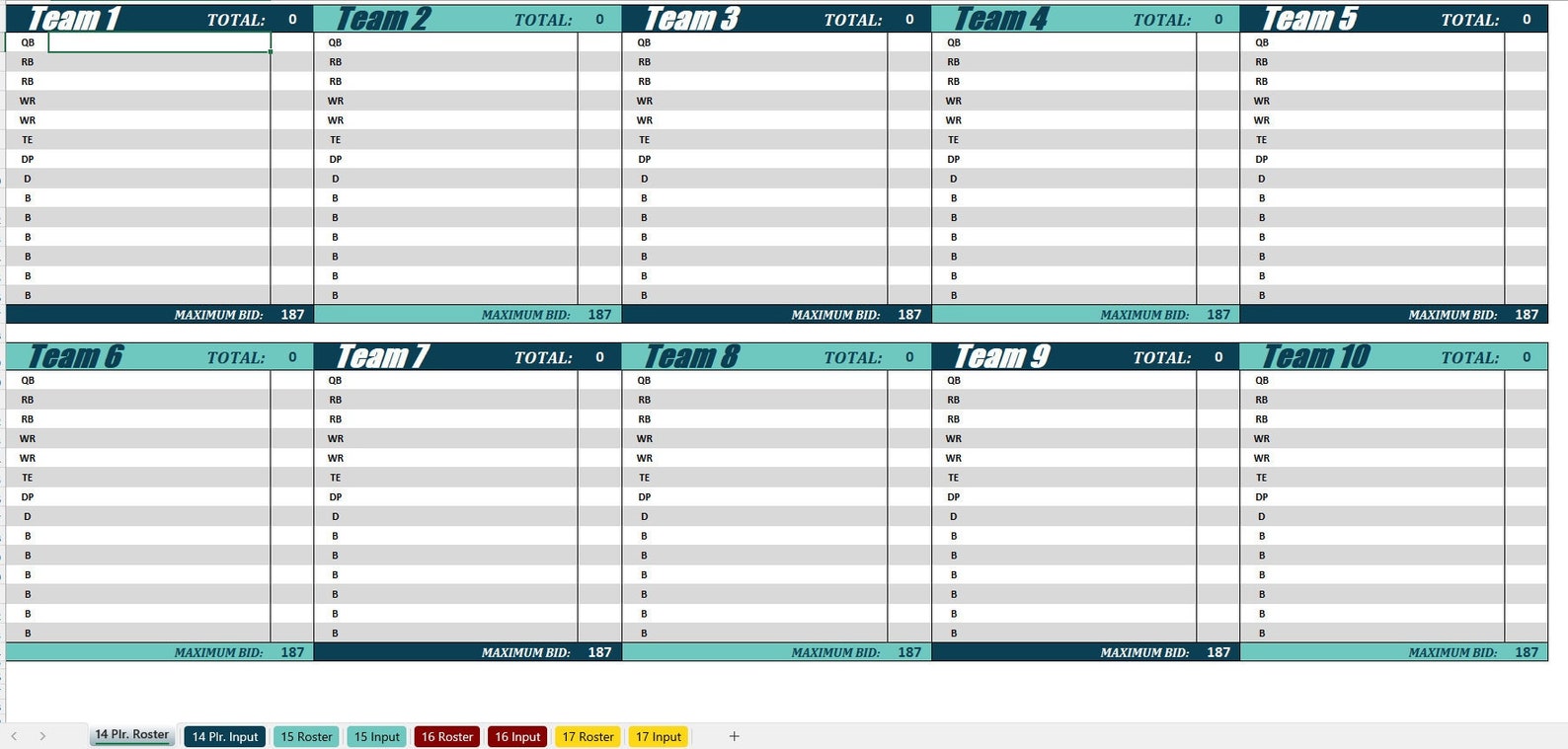 10 Team Fantasy Football Excel Tracker Auction Draft 10 Team League Etsy 10 Team Fantasy Football Excel Tracker Auction Draft 10 Team League Etsy