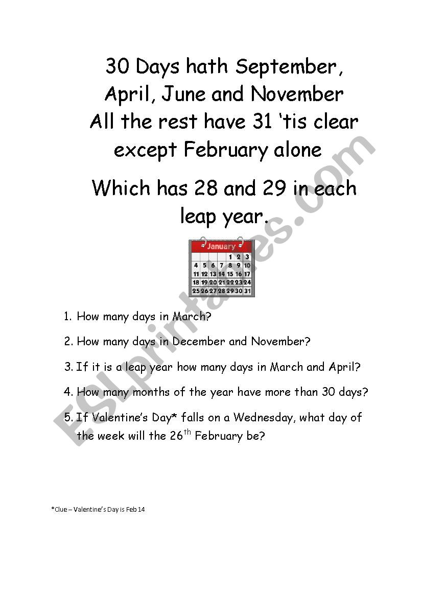 30 Days Hath September Poem Printable