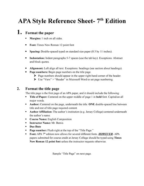 Apa Style Reference Sheet 7Th Edition 2 Format The Paper Margins 1 Apa Style Reference Sheet 7Th Edition 2 Format The Paper Margins 1