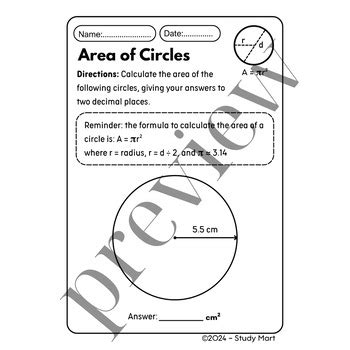 Calculating The Area Of A Circle Practice Worksheet By Study Mart Calculating The Area Of A Circle Practice Worksheet By Study Mart