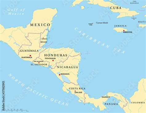 Central America Political Map With Capitals National Borders Rivers Central America Political Map With Capitals National Borders Rivers