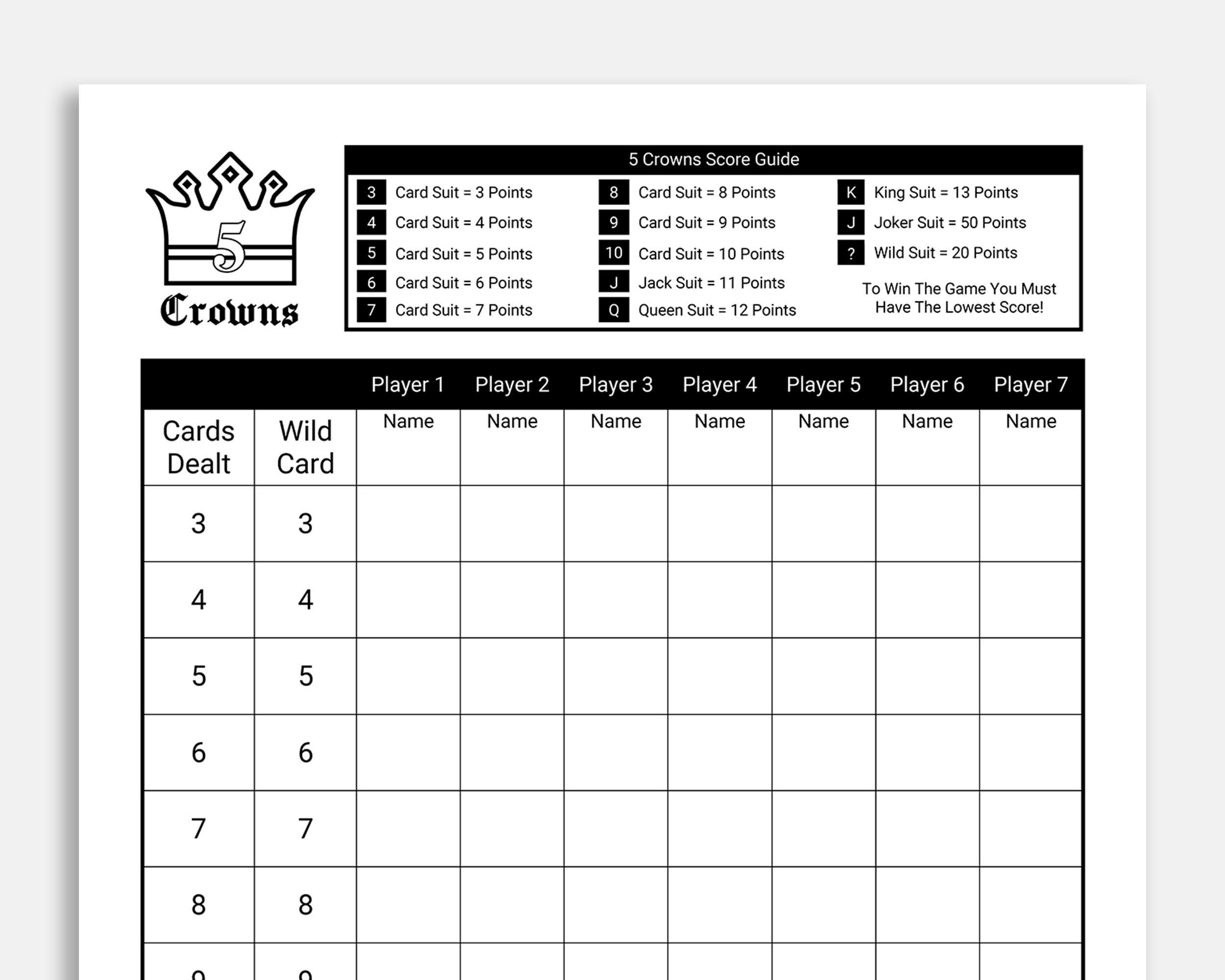 Five Crowns Game Score Sheet 5 Crowns Printable Template 5 Crowns Score Card 5 Crowns Five Crowns Game Score Sheet 5 Crowns Printable Template 5 Crowns Score Card 5 Crowns