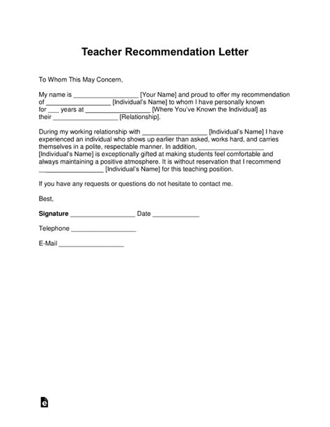 Free Teacher Recommendation Letter Template With Samples Pdf Word