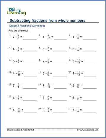 Grade 3 Math Worksheets Subtracting Fractions From Whole Numbers K5 Grade 3 Math Worksheets Subtracting Fractions From Whole Numbers K5