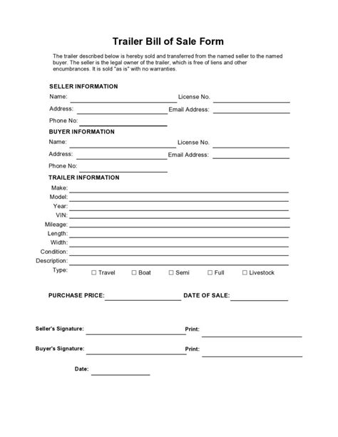 Printable Bill Of Sale Template For A Trailer Printable Bill Of Sale Template For A Trailer