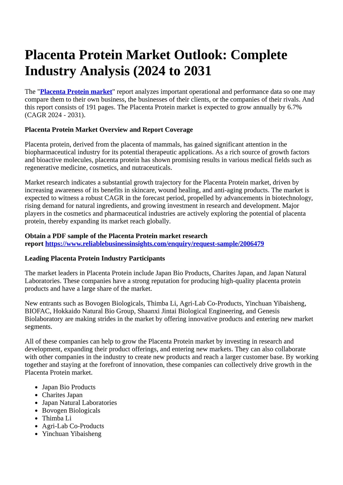 Reportprime Placenta Protein Market Outlook Complete Industry Reportprime Placenta Protein Market Outlook Complete Industry