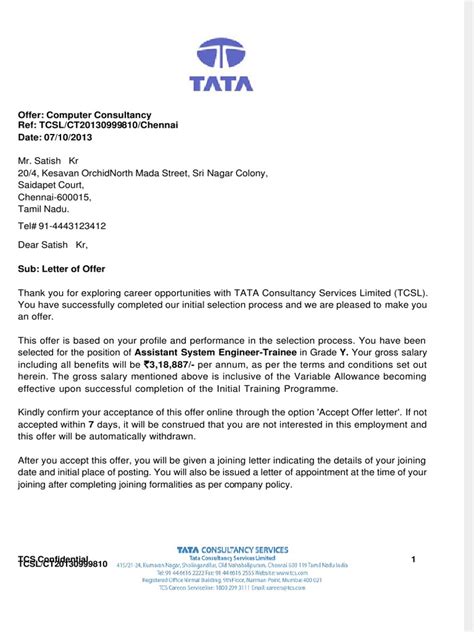 Tcs Offer Letter Sample Pdf Tcs Offer Letter Sample Pdf