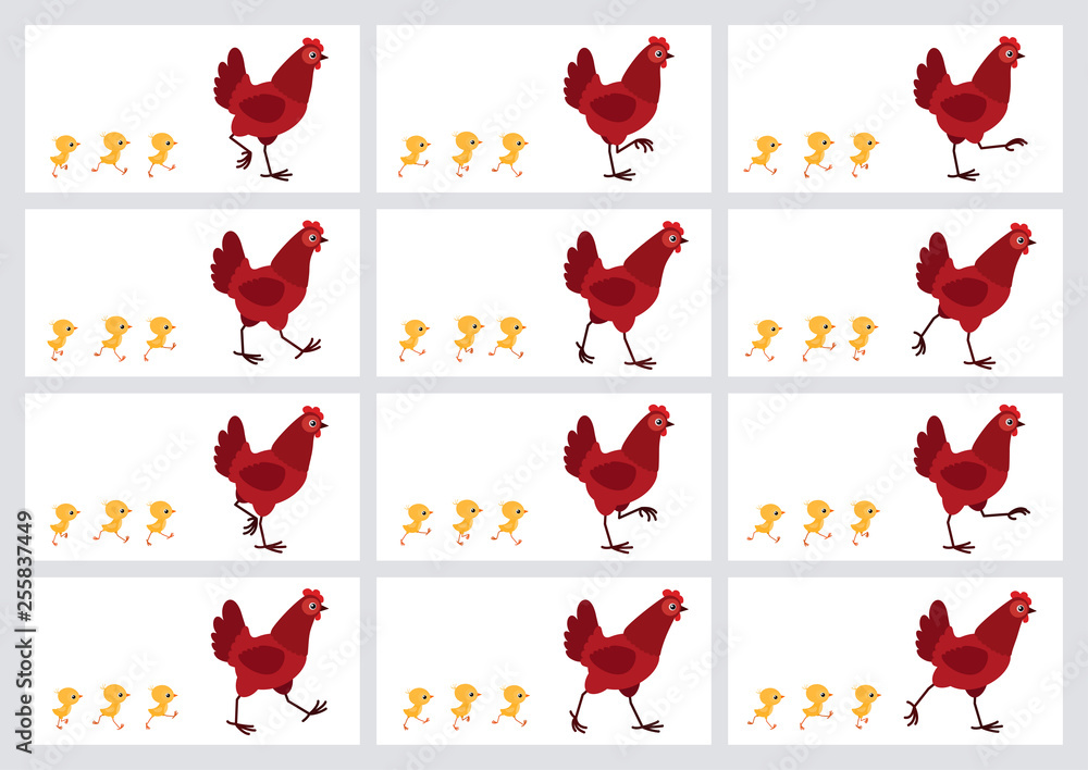 Walking Red Hen And Chicks Animation Sprite Sheet Isolated On White Walking Red Hen And Chicks Animation Sprite Sheet Isolated On White